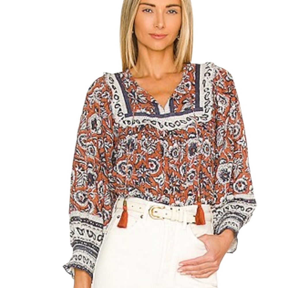 NWT CLEOBELLA Amy Blouse In Sienna Block Print Organic Cotton Tassels Smocked S